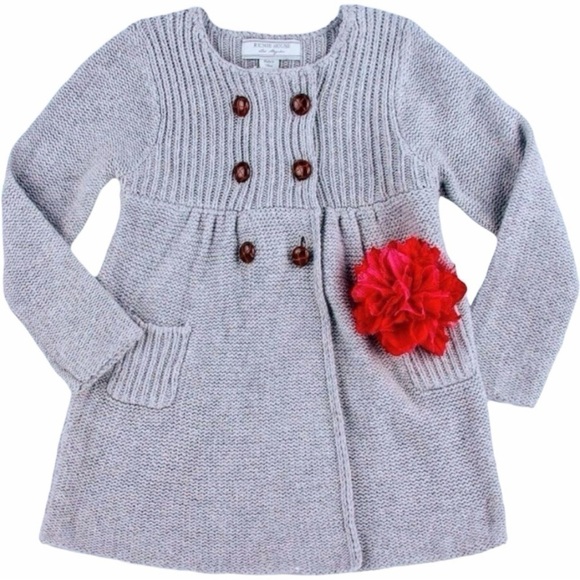 NWT Richie House Girls 5/6 Knitted Coat Gray Red Flower Accessory Pockets Button - Picture 1 of 11